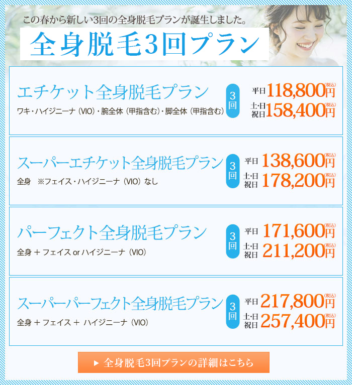 3種類のレーザーからオーダーメイド脱毛全身脱毛プラン